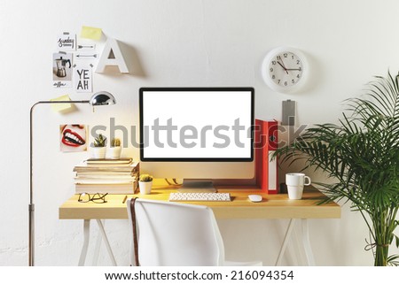 Desk of creative worker. /  Modern creative workspace.  Royalty-Free Stock Photo #216094354