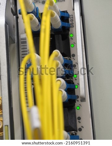 Fiber Optical data cables connected to an optic ports and Network cables connected to ethernet port and UTP Network cables  Royalty-Free Stock Photo #2160951391