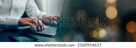closeup hands of businessman working at office, Man typing keyboard on laptop or computer, Banner cover design.