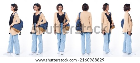 Collage Full length of Asian Indian 20s working woman with curl hair hold cell smart phone, backpack, blazer and jean pants. Female turn 360 rear side back view over white background isolated Royalty-Free Stock Photo #2160968829