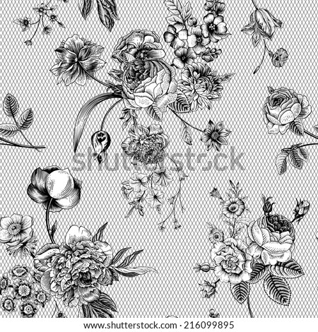 Seamless vector vintage pattern with Victorian bouquet of black flowers on a white background. Garden roses, tulips, delphinium, petunia, anemone. Monochrome. Lace.