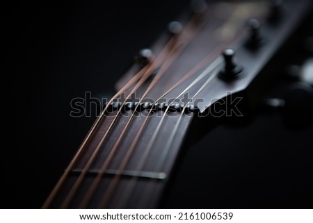 Strings and guitar neck in closeup. Fingerboard on professional acoustic musical instrument.