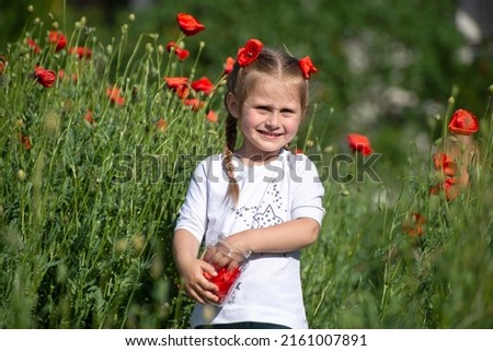 Cute little girl with a jar explores in a field of flowers