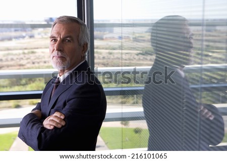 Businessman with arms crossed by window in office, portrait