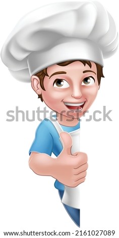 A kid cartoon boy chef, cook or baker child peeking around a sign and giving a thumbs up