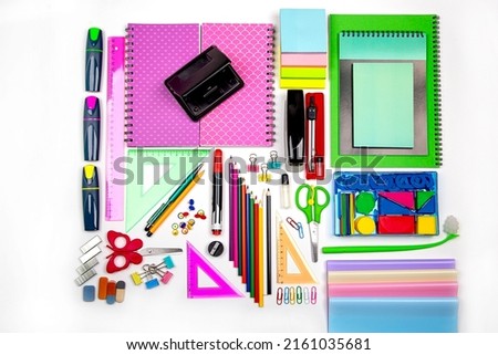 A set of stationery in different shades on a white background. I'm going to school soon.