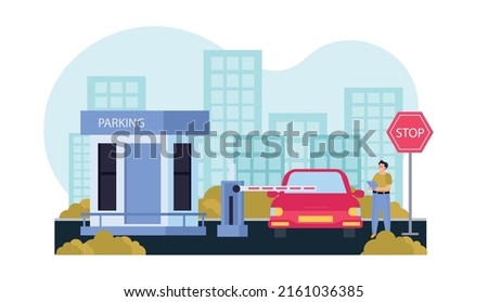 Parking flat composition secure parking on the street in the middle of town with valet booth and barrier vector illustration