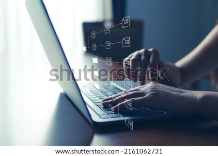 Bigdata analysis business people using computer laptop with visual screen of digital data and online data concept 