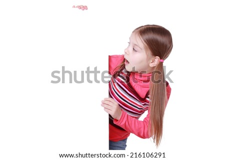 education and blank board concept - little girl with blank white board/little girl and white blank with empty space for text or picture