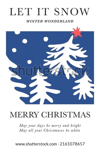 Xmas tree decorated with star top in snowy winter forest cutout shape vector illustration. Matisse inspired collage. Merry Christmas greeting postcard with quote for holiday season gift ideas.