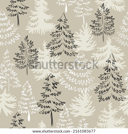 Xmas tree spruce pine fir minimalistic linear sketchy drawing vector seamless pattern. Vintage Winter forest background. Merry Christmas Happy New Year Holiday season print for gift wrapping paper.