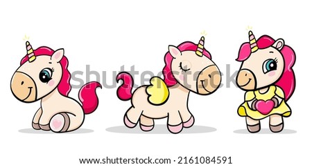 set cartoon child unicorn sits and holds heart, congratulates on holiday. greeting card vector isolated sticker for girls.
