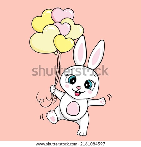 cartoon cute baby bunny jumping with heart balloons. vector illustration isolated. card for girls.