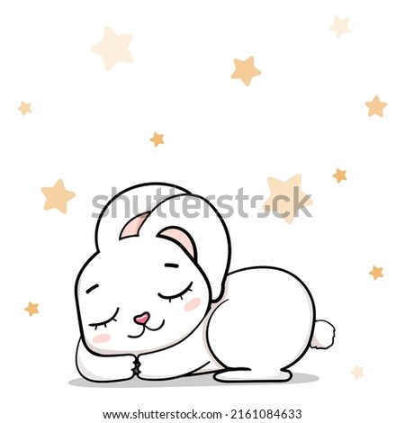happy cartoon cute baby bunny sleeping under stars and laughing vector illustration isolated. card for boys and girls.