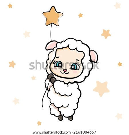 happy cartoon cute baby sheep flies and holds a star. vector sticker illustration isolated card.