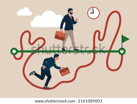 Businessmen competing with smart manager running on straight easy way and other on hard messy path.Easy or shortcut way to win business success or hard path and obstacle concept. Royalty-Free Stock Photo #2161089003