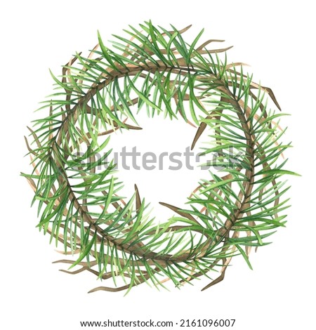 Watercolor wreath of pine branches and dried twigs. Fluffy green pine branches. Brown dry branches. Decorative wreath for cards and embroidery.