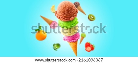 Ice cream in a waffle cone with fruits on a blur background, Background for design and decoration.