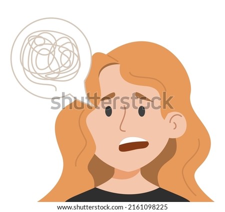 Woman has difficulty with speaking vector isolated. Symptom of disease, problem with brain. Mental disorder. Alzheimer or migraine symptom. Confused character. Royalty-Free Stock Photo #2161098225