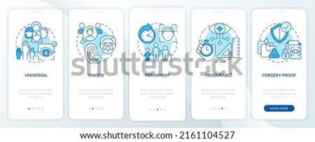 Advantages of biometric data blue onboarding mobile app screen. ID walkthrough 5 steps editable graphic instructions with linear concepts. UI, UX, GUI template. Myriad Pro-Bold, Regular fonts used