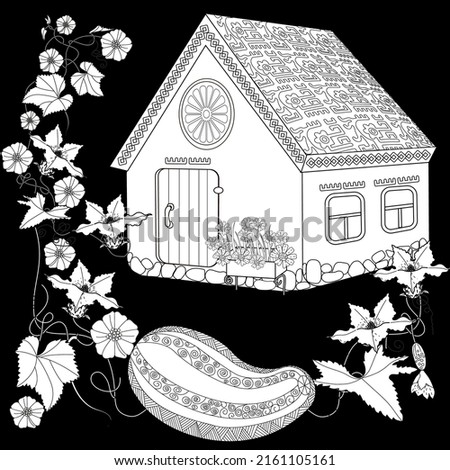 Coloring Pages. Coloring Book for children and adults. Colouring pictures with village house. Art therapy coloring page.
