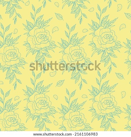 Pattern with hand drawn rose flowers in blue and yellow color. Can be used for wallpaper, pattern fills, textile, web page background, surface textures