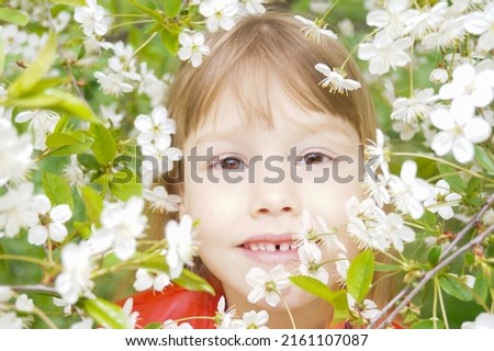 Little girl with brown hair in red leather jacket in cherry blossoms.