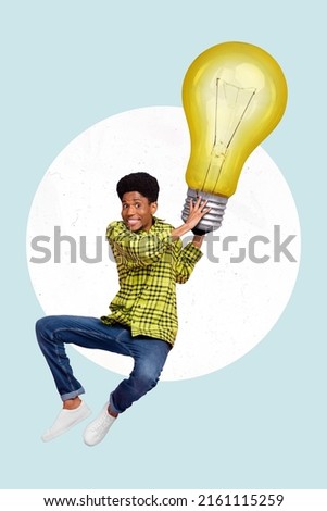 Full body collage image of cheerful brilliant young man generate new ideas holding huge light bulb Royalty-Free Stock Photo #2161115259