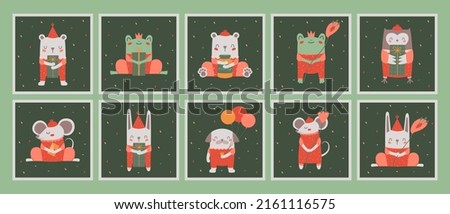 Collection square happy birthday card with cute vector illustrations of dog, cat, mouse, toad, bear, rabbit with baloons, gifts, party hat, flower. Children flat clip arts for  invitation, banners.