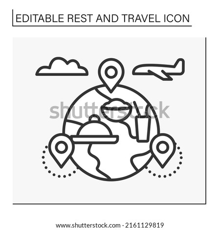 Gastro tourism line icon. Culinary and gastronomy tourism. Travelling to try food. International journey by plane.Rest and travel concept. Isolated vector illustration. Editable stroke Royalty-Free Stock Photo #2161129819