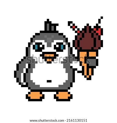Happy penguin with a chocolate ice cream cone, cute pixel art animal character isolated on white background. Retro 80's-90's 8 bit slot machine, 2d video game graphics. Cartoon bird with a dessert