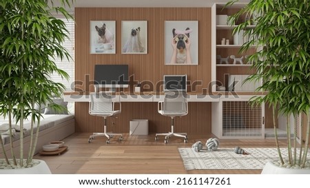 Zen interior with potted bamboo plant, natural interior design concept, pet friendly home corner office, big windows, desk with chairs, dog bed with gate, interior design idea, 3d illustration