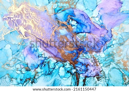 Blue golden ink luxury abstract background, colorful marble texture, fluid art pattern wallpaper, paint mix underwater wavy spots and stains