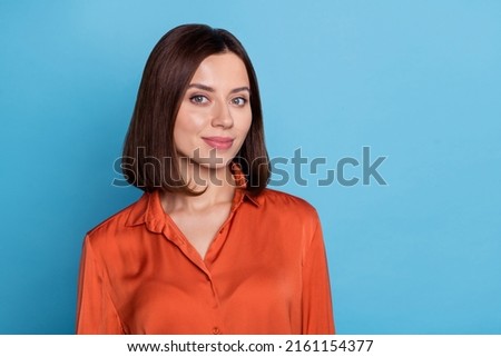 Photo of young charming woman good mood smart attorney expert economist isolated over blue color background