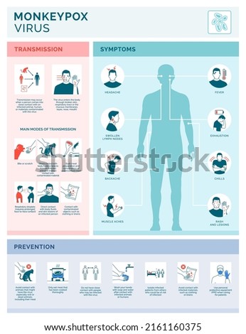 Monkeypox virus transmission, symptoms and prevention vector infographic with icons Royalty-Free Stock Photo #2161160375