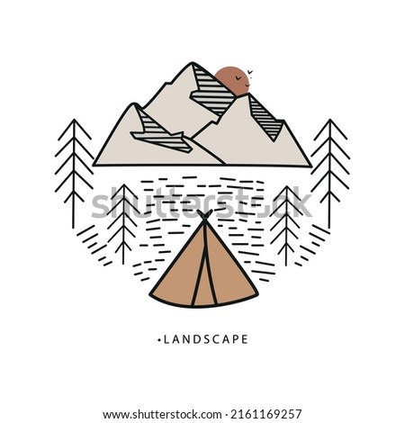 Vector illustration. Flat style of execution. The picture shows a mountain, a house or a tent and a spruce. Ideal as stickers, notebook and album covers as well as a screensaver.