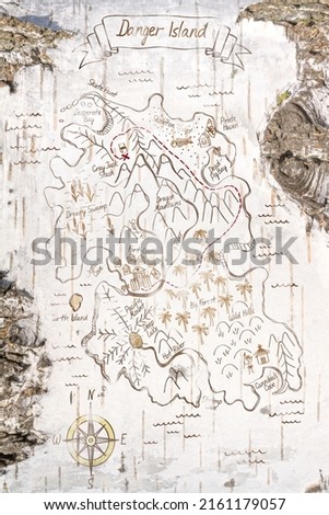 Pirate map drawn on birch bark, natural background, the vertical texture of a real birch bark closeup