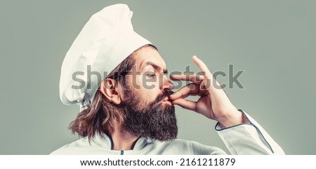 Bearded male chefs isolated on white, perfect. Professional chef man showing sign for delicious. Chef, cook making tasty delicious gesture by kissing fingers. Cook hat.