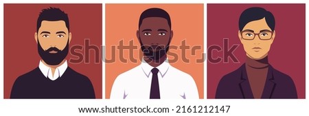 Portrait of young businessman, full face. Portraits of multicultural office workers. Abstract male portrait. Stock vector isolated illustration in flat style.