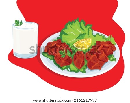 Raw meatballs vector illustration (cig kofte) isolated on a white background. Traditional Turkish cuisine delicacies. Lemon, 
lettuce, ayran. Royalty-Free Stock Photo #2161217997
