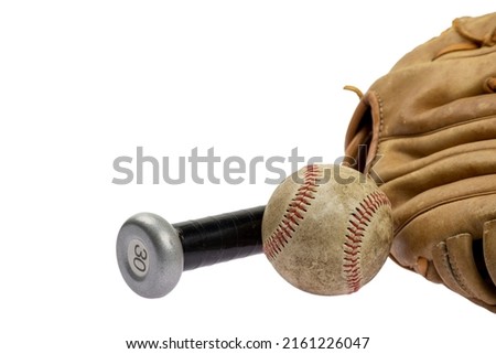Vintage classic leather baseball glove and baseball bat isolated on white background.