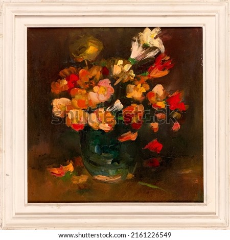 Framed still life hand made oil painting on canvas depicting flowers bouquet in a vase, impressionism style.