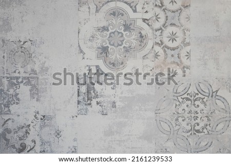 Old gray grey vintage worn geometric shabby mosaic ornate patchwork motif porcelain stoneware tiles stone concrete cement wall texture background Royalty-Free Stock Photo #2161239533
