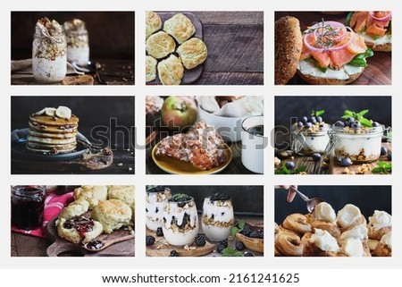 Collage of low key American style breakfast including overnight oats, lox, southern biscuits, pancakes, parfaits, apple fritters, cinnamon rolls and biscuits.