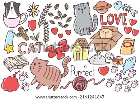 Set of cute cat doodles, cartoon, fun, funny, print, art