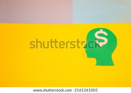 green head with dollar sign instead of brain, creative brain businessman, colorful background, making money