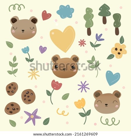 set of cute summer stickers. three bear cubs, cookies, forest, flowers, hearts. bright children's illustration