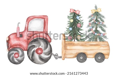 Watercolor Tractor with Christmas fir trees, vintage christmas tree toys illustration,  Winter floral illustration and transport, holidays decor clipart
