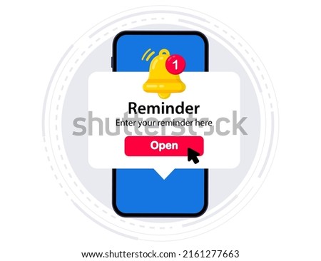 Smartphone with alarm clock reminder message on screen. New notice on the phone. Alert notification with notification bell. Important reminder. Important event push message. Timer notification Royalty-Free Stock Photo #2161277663