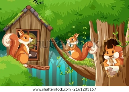 Scene with squirrels in forest illustration